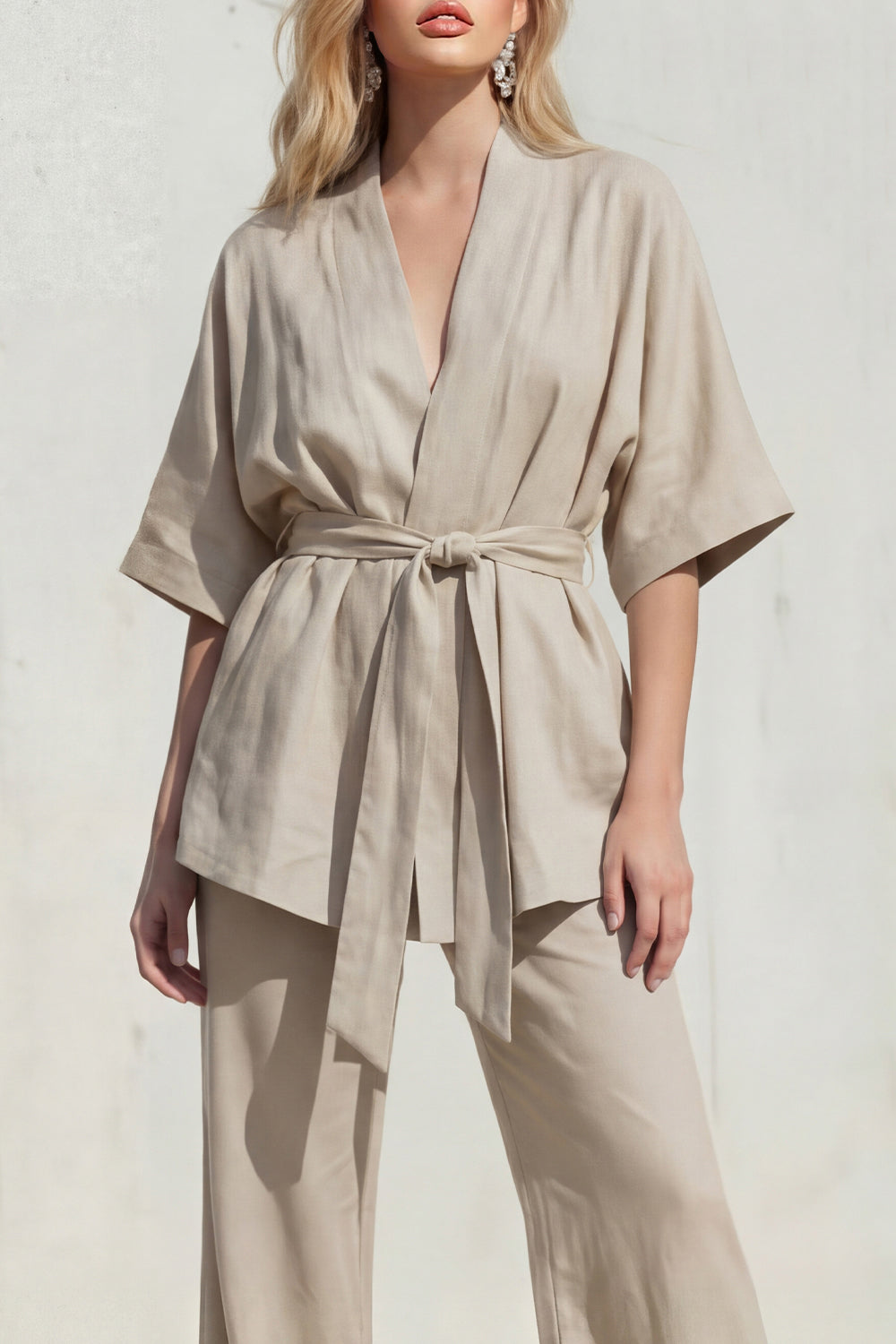 Yellow 2 Piece Half Sleeve Women's Linen Suits with Sash