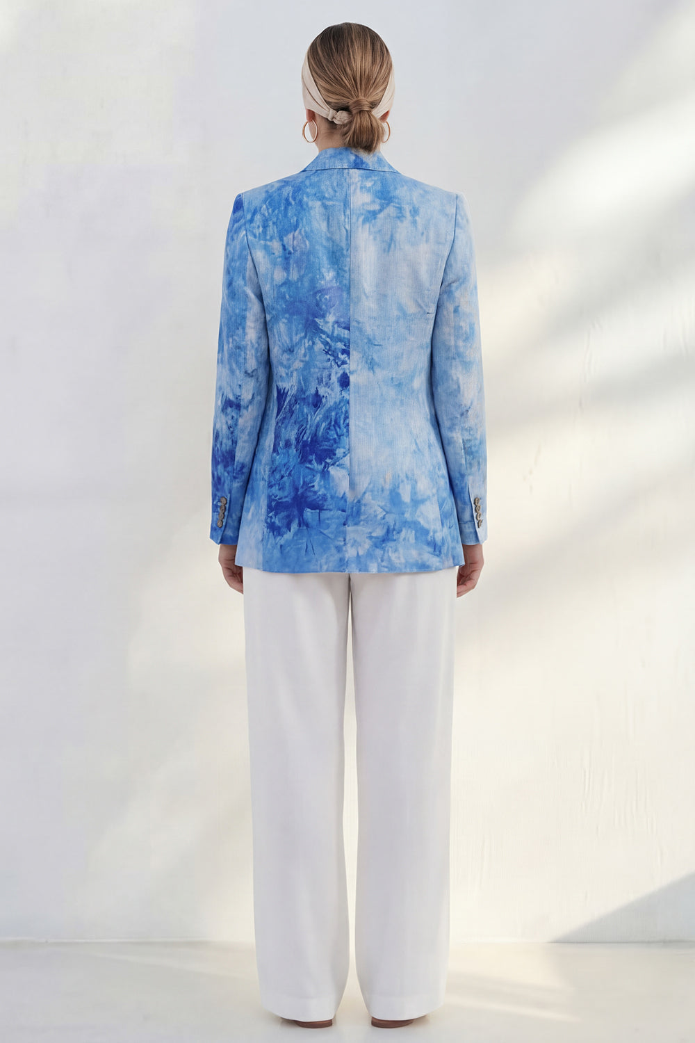 Blue 2 Piece Notched Lapel Printed Women's Linen Suits