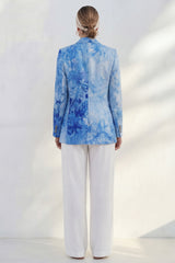 Blue 2 Piece Notched Lapel Printed Women's Linen Suits