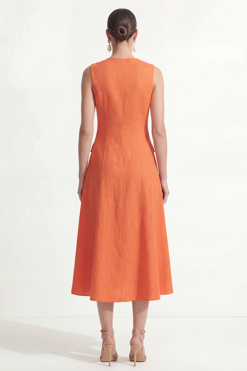 A Line Orange V Neck Sleeveless Midi Work Dress