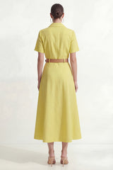 Yellow A Line Short Sleeve Midi Work Dress with Belt