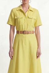 Yellow A Line Short Sleeve Midi Work Dress with Belt