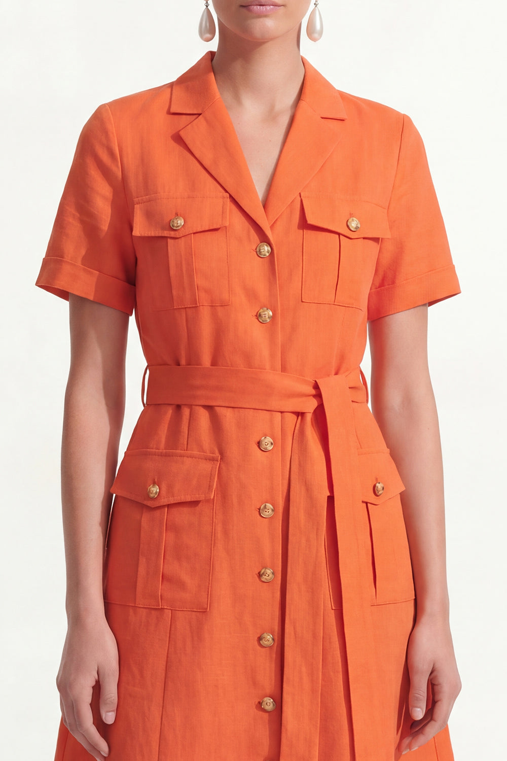Notched Lapel A Line Orange Short Sleeve Midi Work Dress with Sash