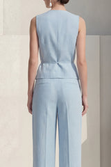 Blue 2 Piece Sleeveless Women's Linen Suits with Pockets