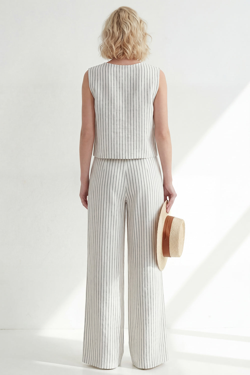 White 2 Piece Sleeveless Stripe Women's Linen Suits