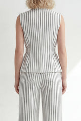 White 2 Piece Notched Lapel Stripe Women's Linen Suits