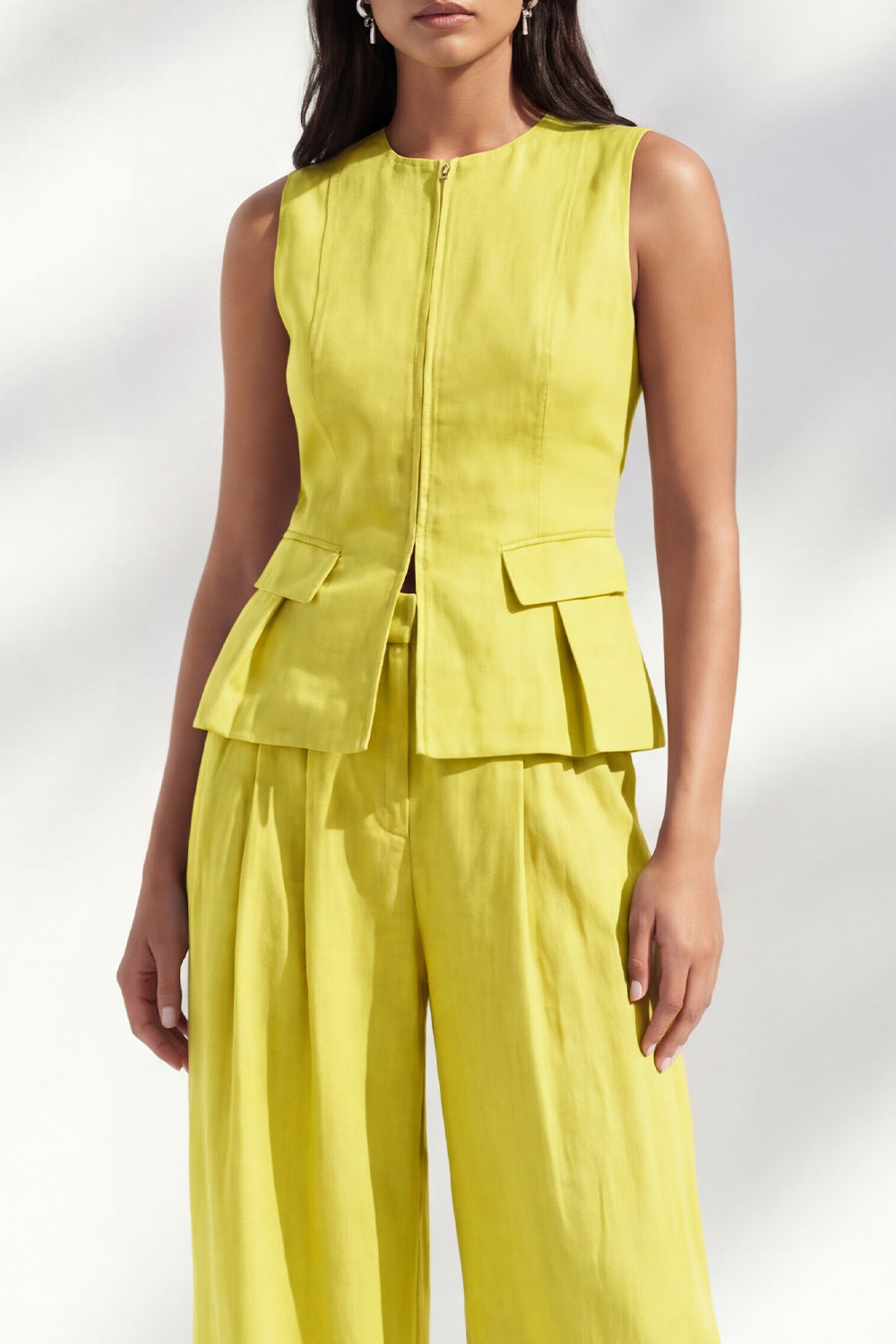 Yellow 2 Piece Round Neck Women's Linen Suits