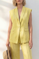 Shawl Lapel Yellow 2 Piece Women's Linen Suits