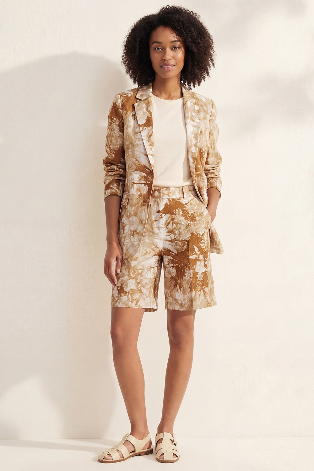 Notched Lapel Blue 2 Piece Printed Women's Linen Suits