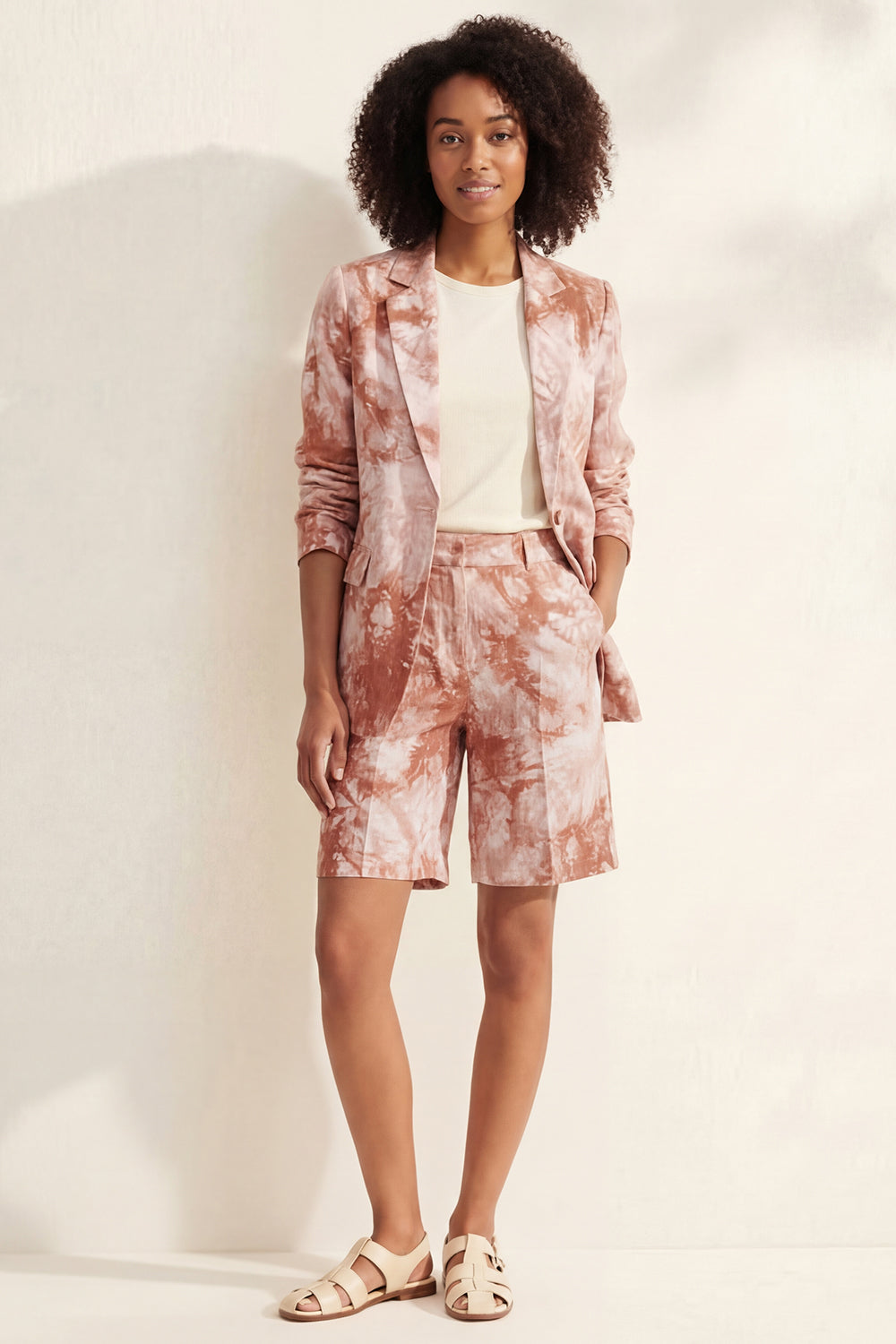 Notched Lapel Blue 2 Piece Printed Women's Linen Suits