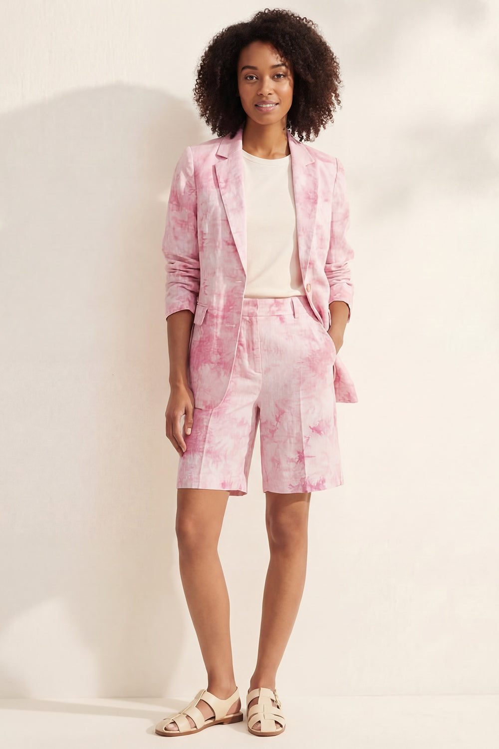 Notched Lapel Blue 2 Piece Printed Women's Linen Suits