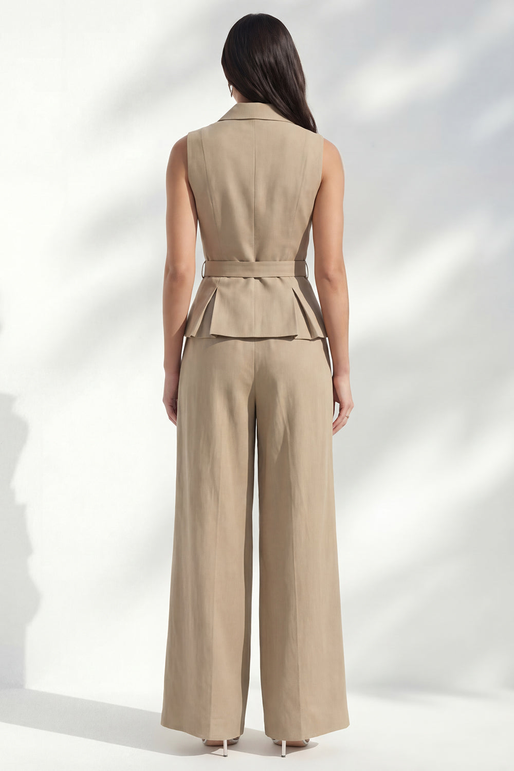 Khaki 2 Piece Notched Lapel Women's Linen Suits with Belt