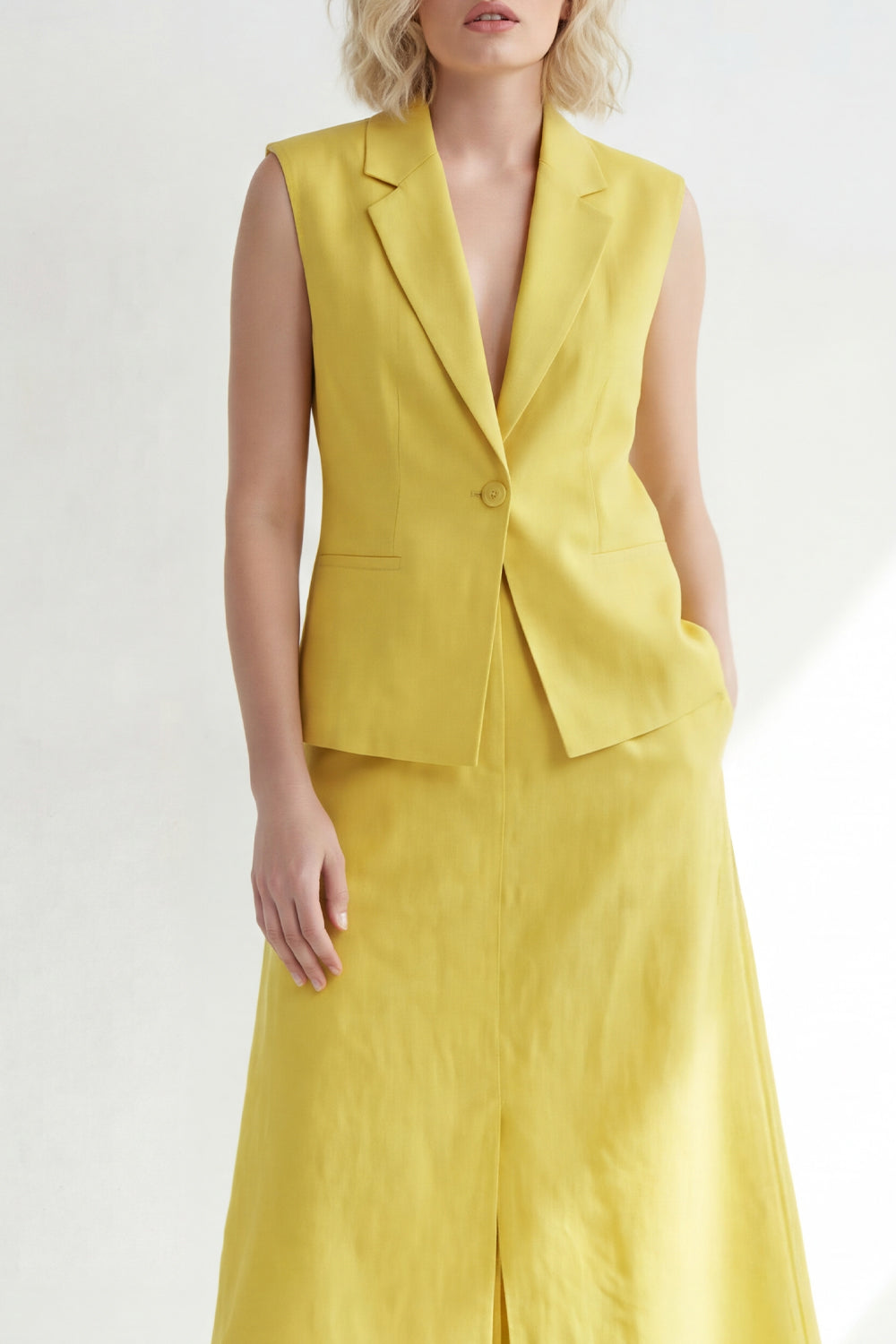 Yellow 2 Piece Notched Lapel Work Dress with Pockets