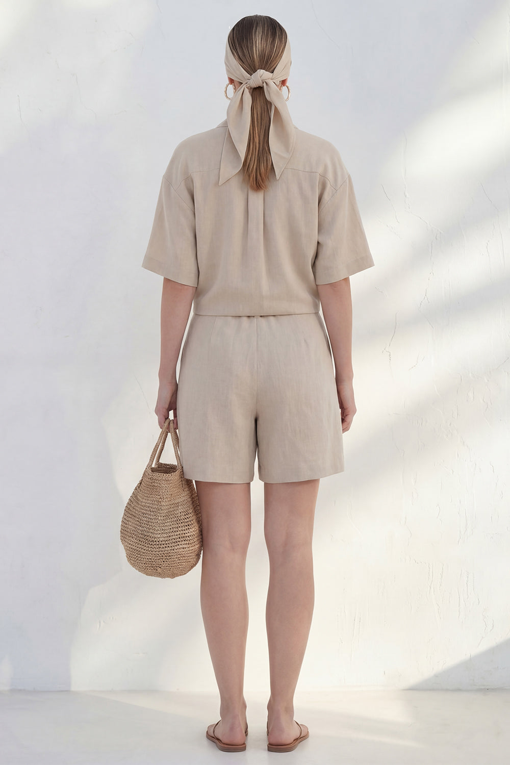 2 Piece Notched Lapel Khaki Women's Linen Suits with Half Sleeves