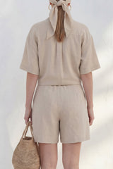 2 Piece Notched Lapel Khaki Women's Linen Suits with Half Sleeves