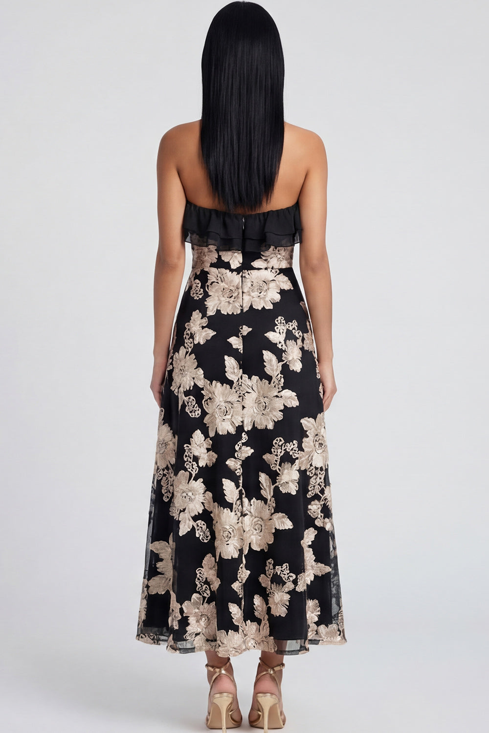 Strapless Ruffled A Line Floral Appliqued Yellow Wedding Guest Dress