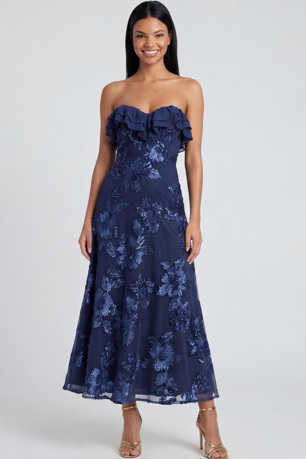 Strapless Ruffled A Line Floral Appliqued Yellow Wedding Guest Dress