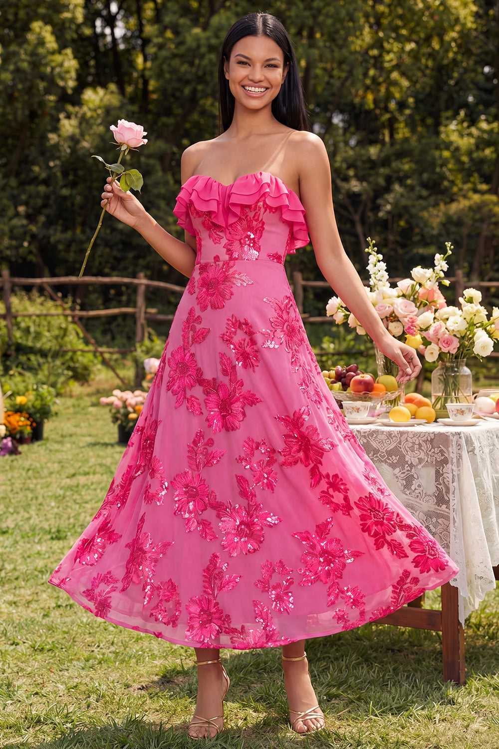 Strapless Ruffled A Line Floral Appliqued Yellow Wedding Guest Dress