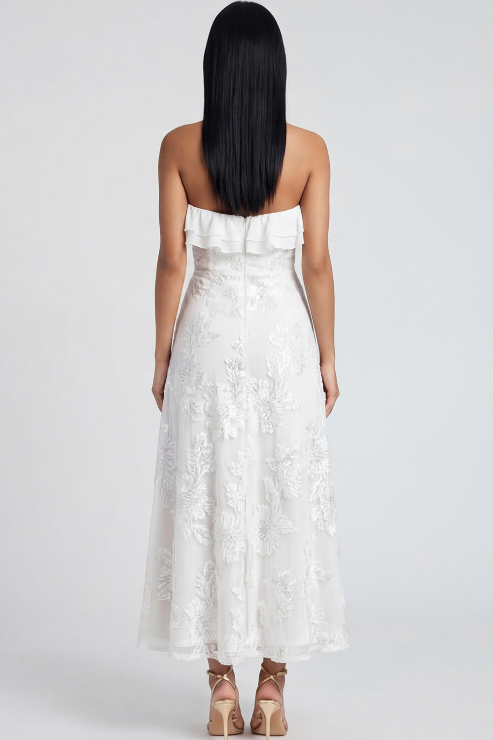 Strapless Ruffled A Line Floral Appliqued Yellow Wedding Guest Dress