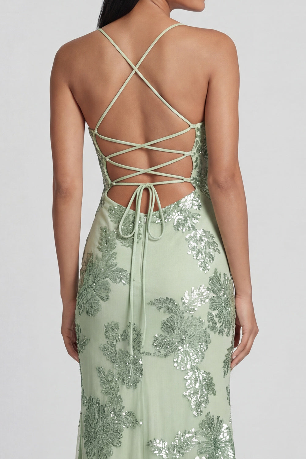Mermaid Sequin Appliqued Sage Green Wedding Guest Dress