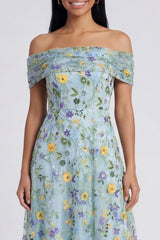 Off the Shoulder Floral Blue A Line Embroidered Wedding Guest Dress