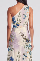 Ivory One Shoulder Ruched Printed A Line Wedding Guest Dress