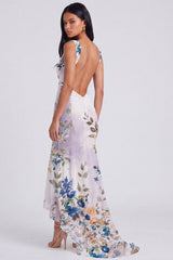 High Low Ivory Mermaid Ruched Printed Corset Wedding Guest Dress
