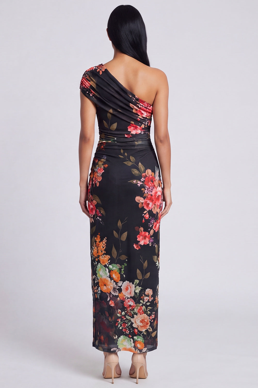 Black One Shoulder Ruched Printed Maxi Wedding Guest Dress