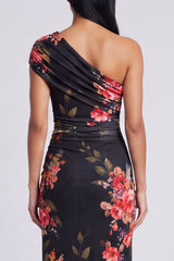 Black One Shoulder Ruched Printed Maxi Wedding Guest Dress