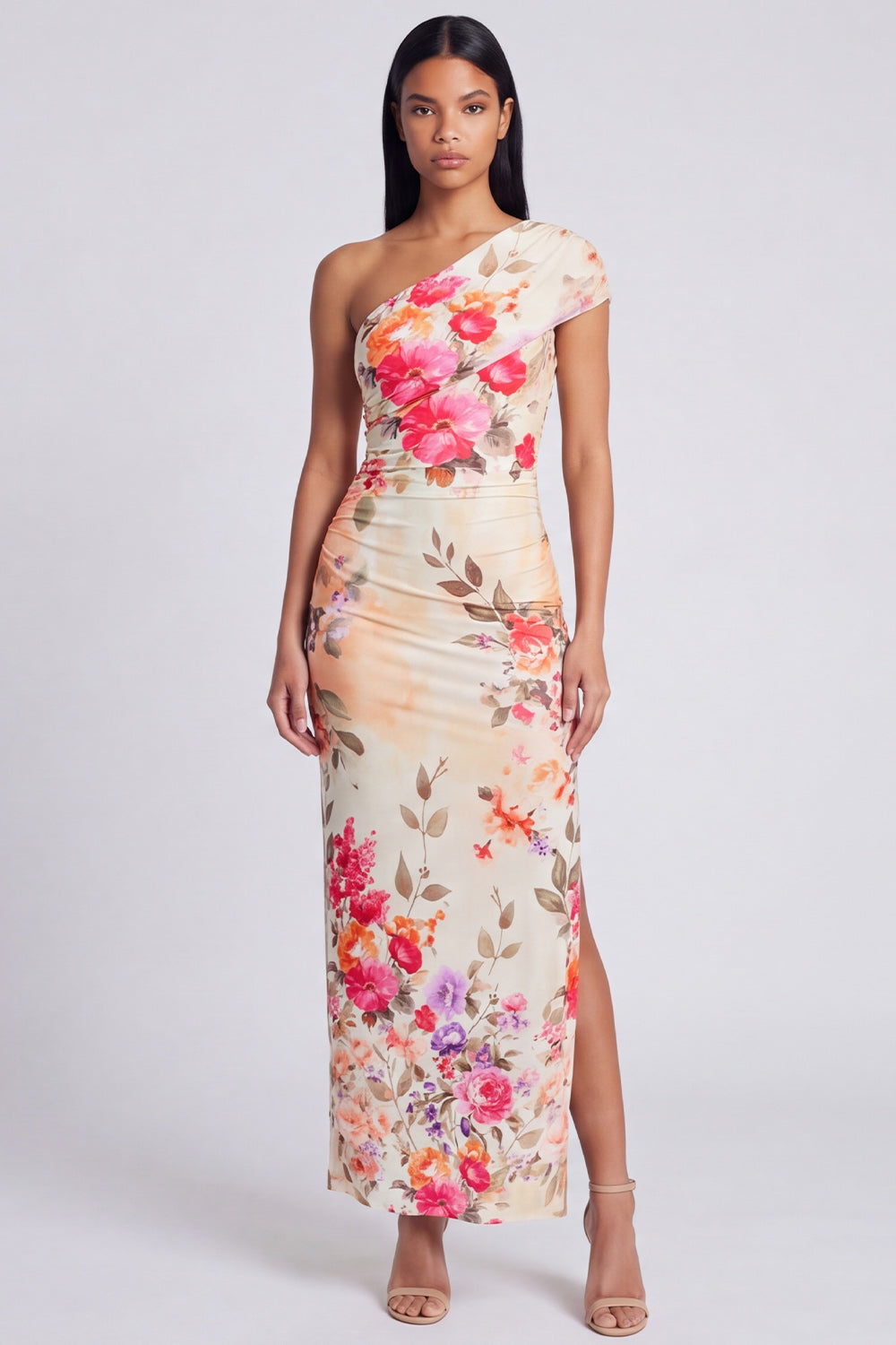 Black One Shoulder Ruched Printed Maxi Wedding Guest Dress