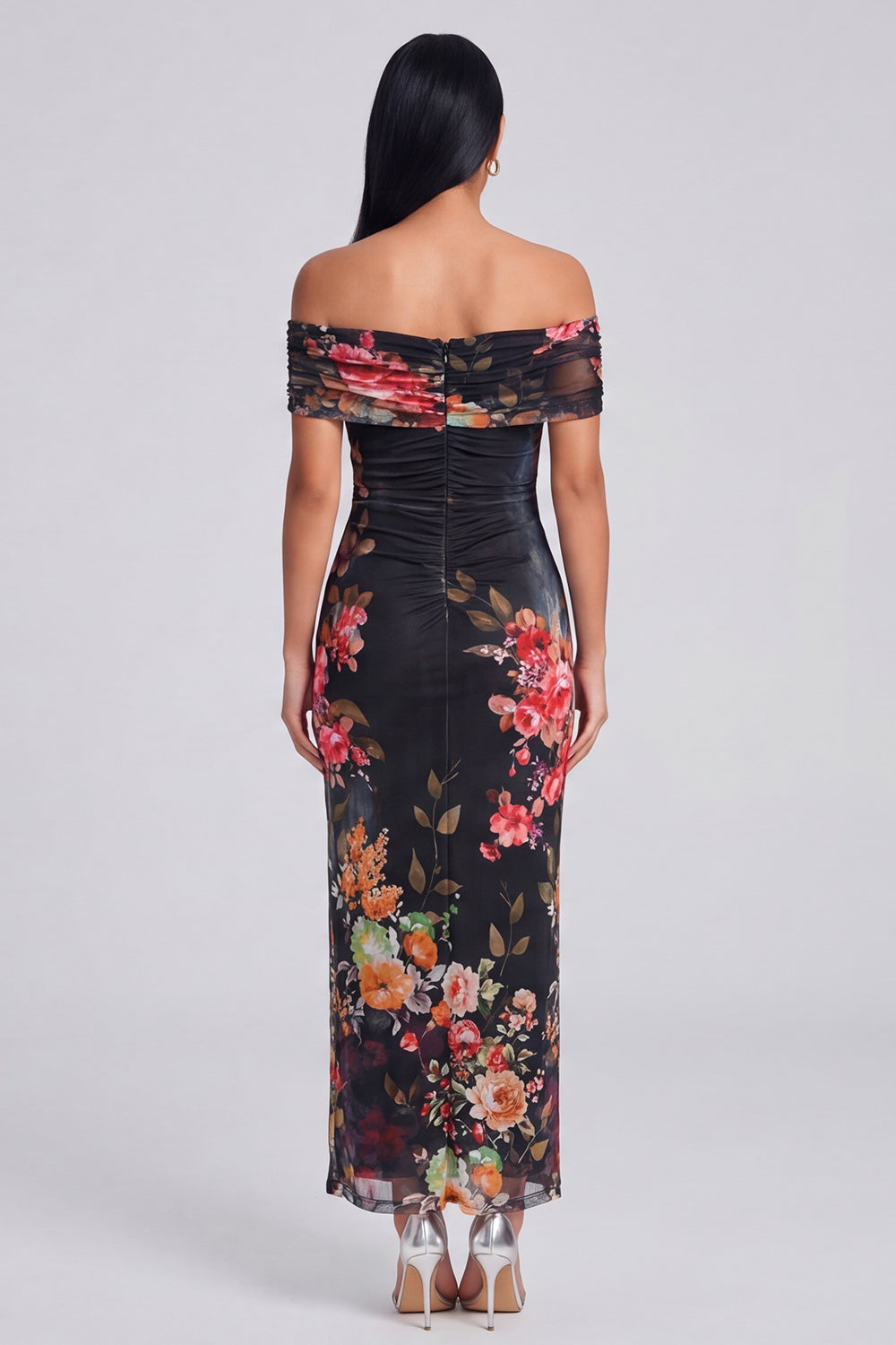 Off the Shoulder Ivory Ruched Printed Bodycon Wedding Guest Dress