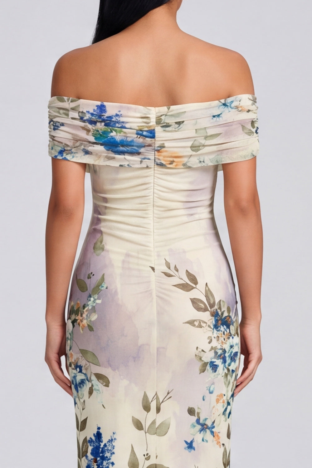 Off the Shoulder Ivory Ruched Printed Bodycon Wedding Guest Dress