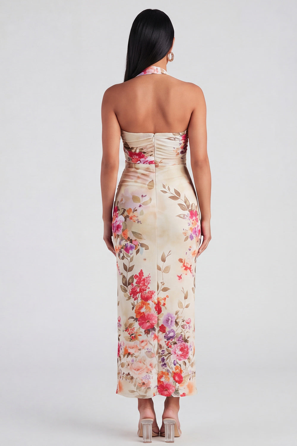 Halter Floral Champagne Printed Bodycon Wedding Guest Dress