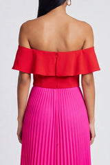 Off the Shoulder Pleated Ruffled ColorBlock Fuchsia and Red Formal Dress