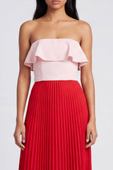 ColorBlock Pink and Red Off the Shoulder A Line Ruffled Formal Dress