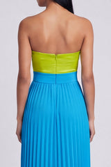 Strapless Green and Blue ColorBlock Pleated A Line Formal Dress