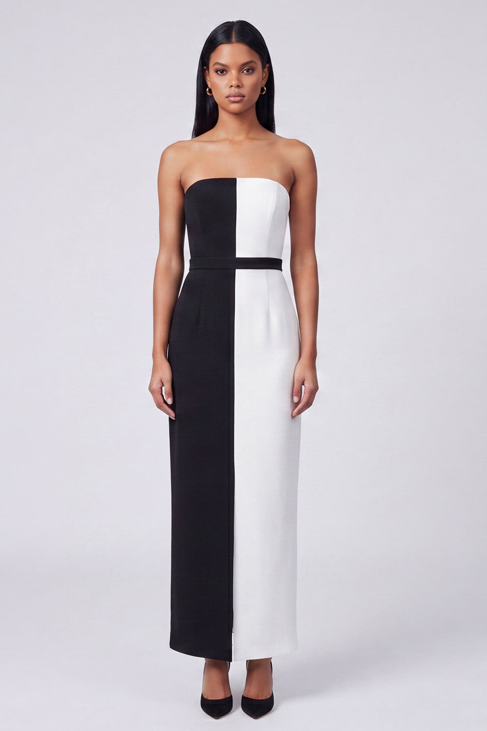 Strapless Black and White ColorBlock Bodycon Formal Dress