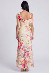 Asymmetrical Neck Printed Champagne Maxi Wedding Guest Dress