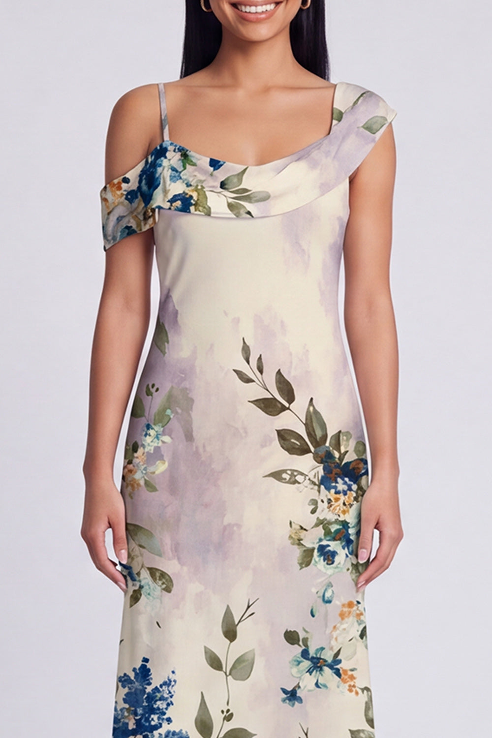 Asymmetrical Neck Printed Champagne Maxi Wedding Guest Dress