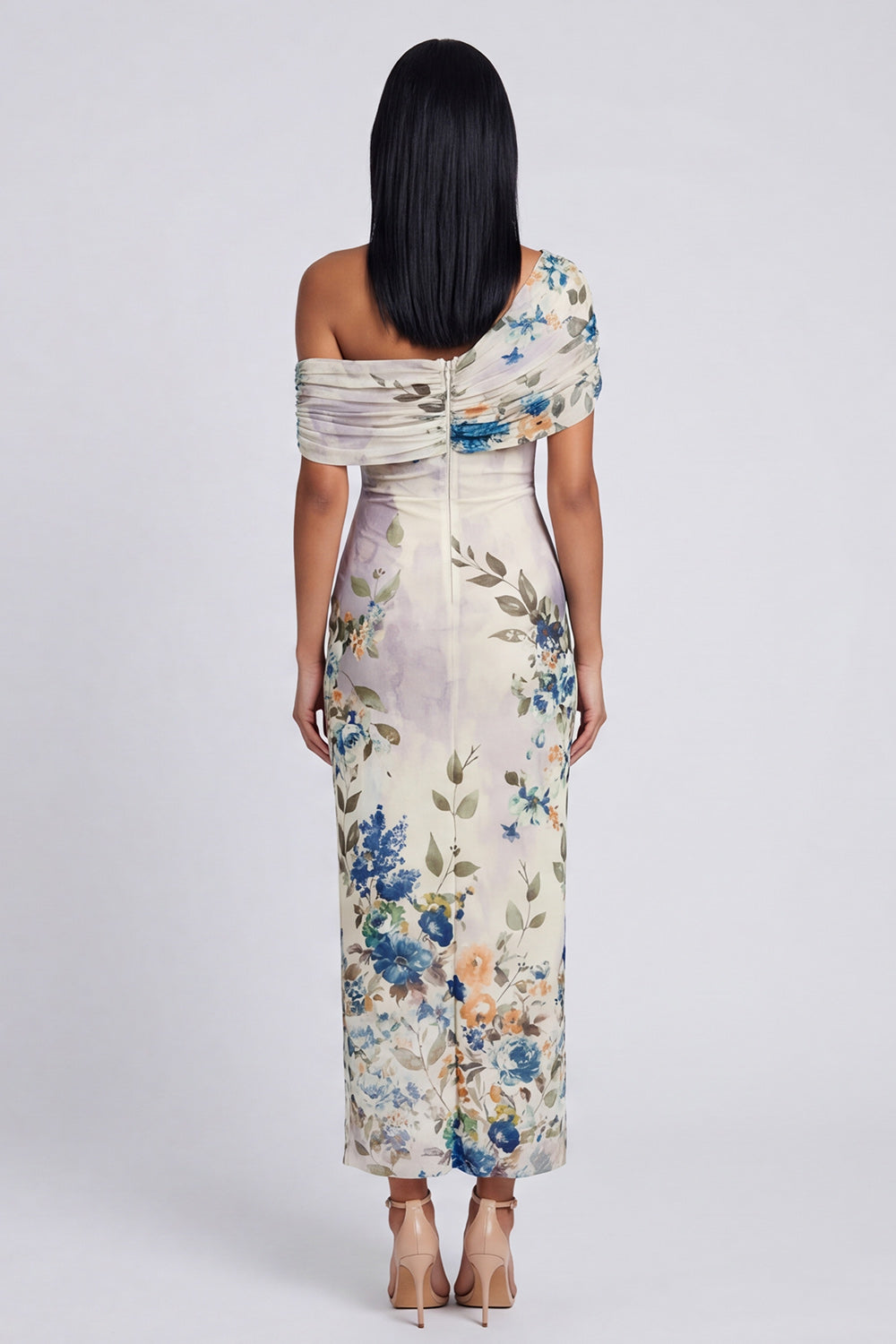 Ivory Asymmetrical Neck Printed Ruched Sheath Wedding Guest Dress