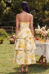 Strapless Yellow A Line Printed Tiered Wedding Guest Dress