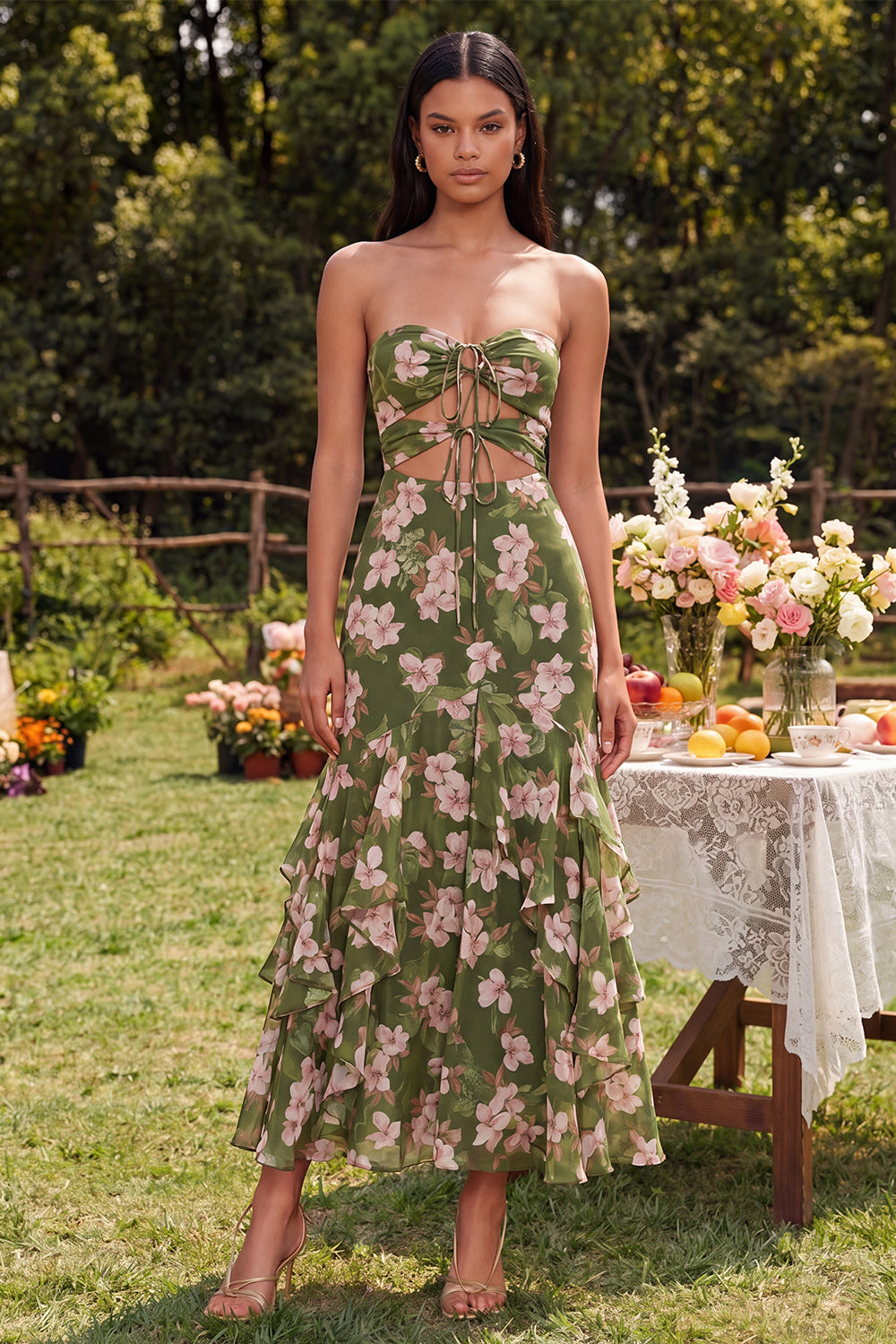 Strapless Cut Out Dark Green Floral Mermaid Wedding Guest Dress