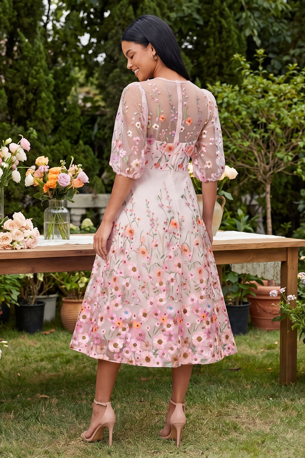 Floral Pink Round Neck A Line Midi Wedding Guest Dress