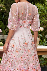 Floral Pink Round Neck A Line Midi Wedding Guest Dress
