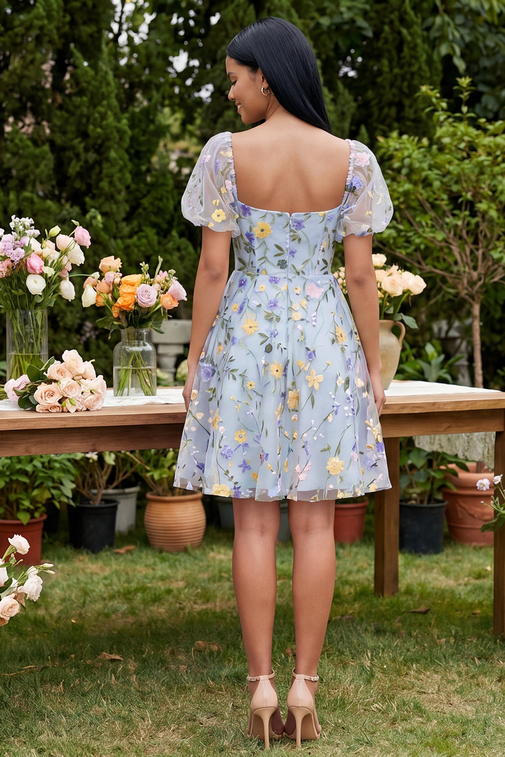 Floral Blue Square Neck A Line Mini Wedding Guest Dress