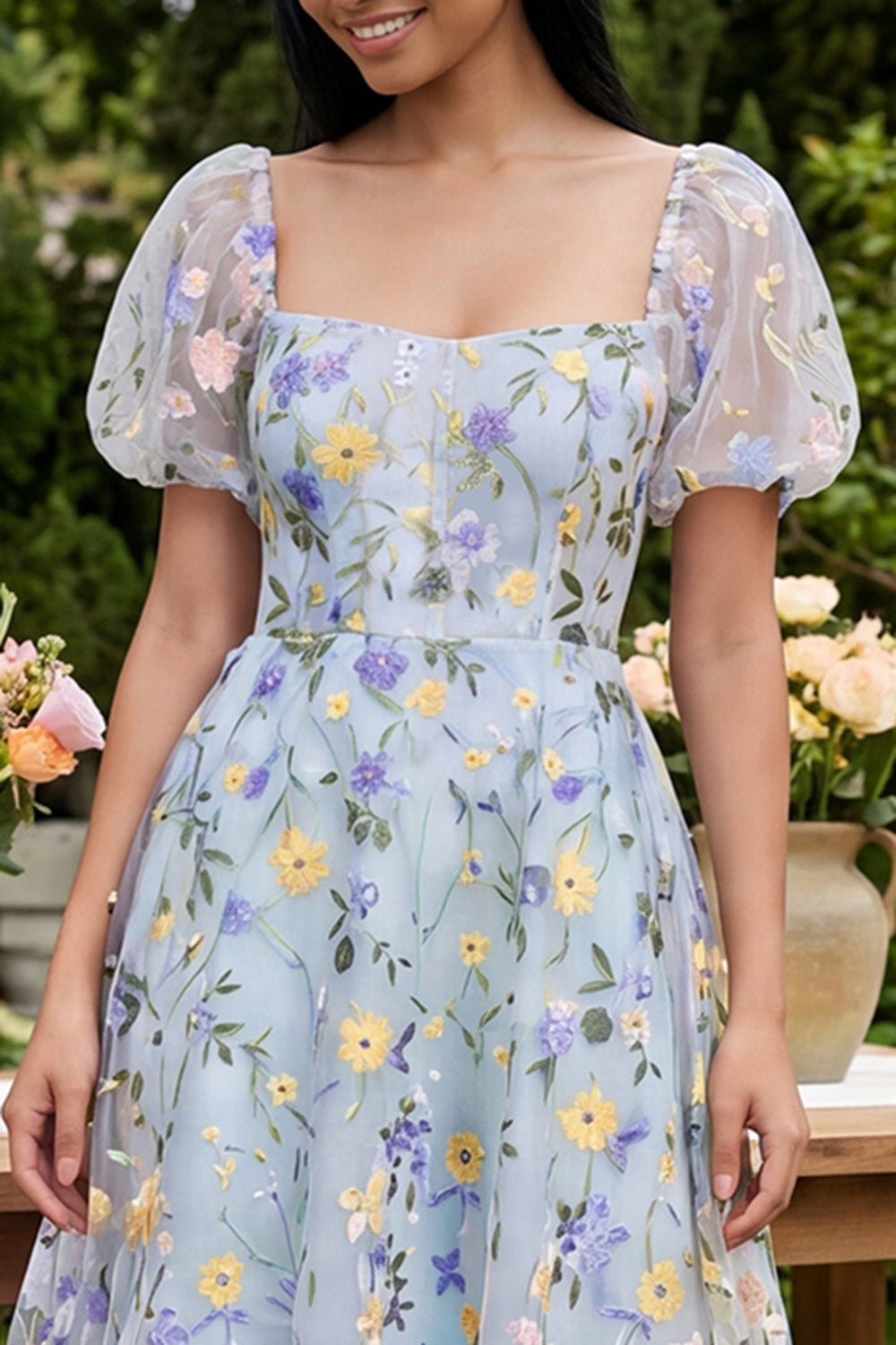 Floral Blue Square Neck A Line Mini Wedding Guest Dress