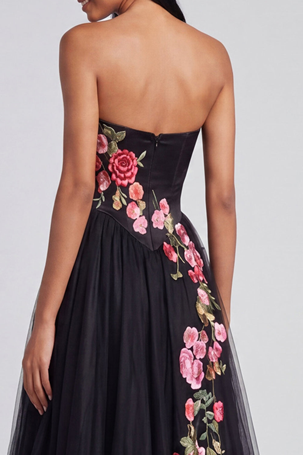Strapless Floral Corset Pleated A Line Black Wedding Guest Dress