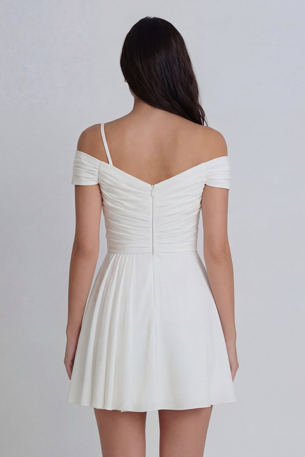 3D Flower Asymmetrical Neck A Line Ruched Mini White Dress