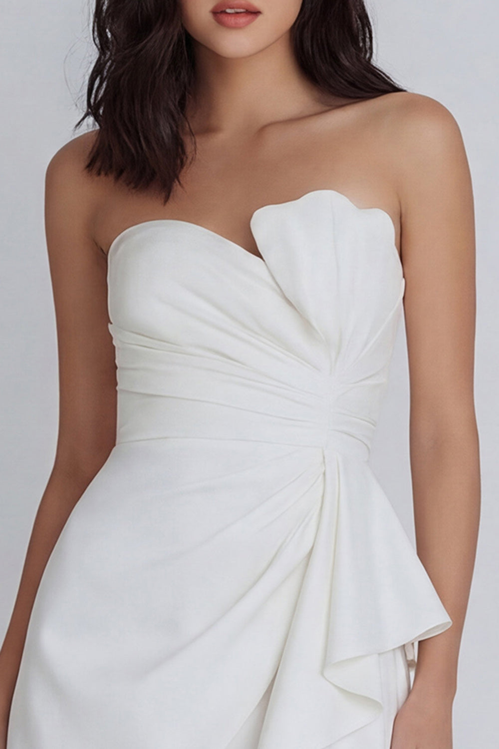 Strapless Ruffled Ruched Mini White Dress