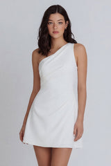 One Shoulder Ruched A Line Mini White Dress